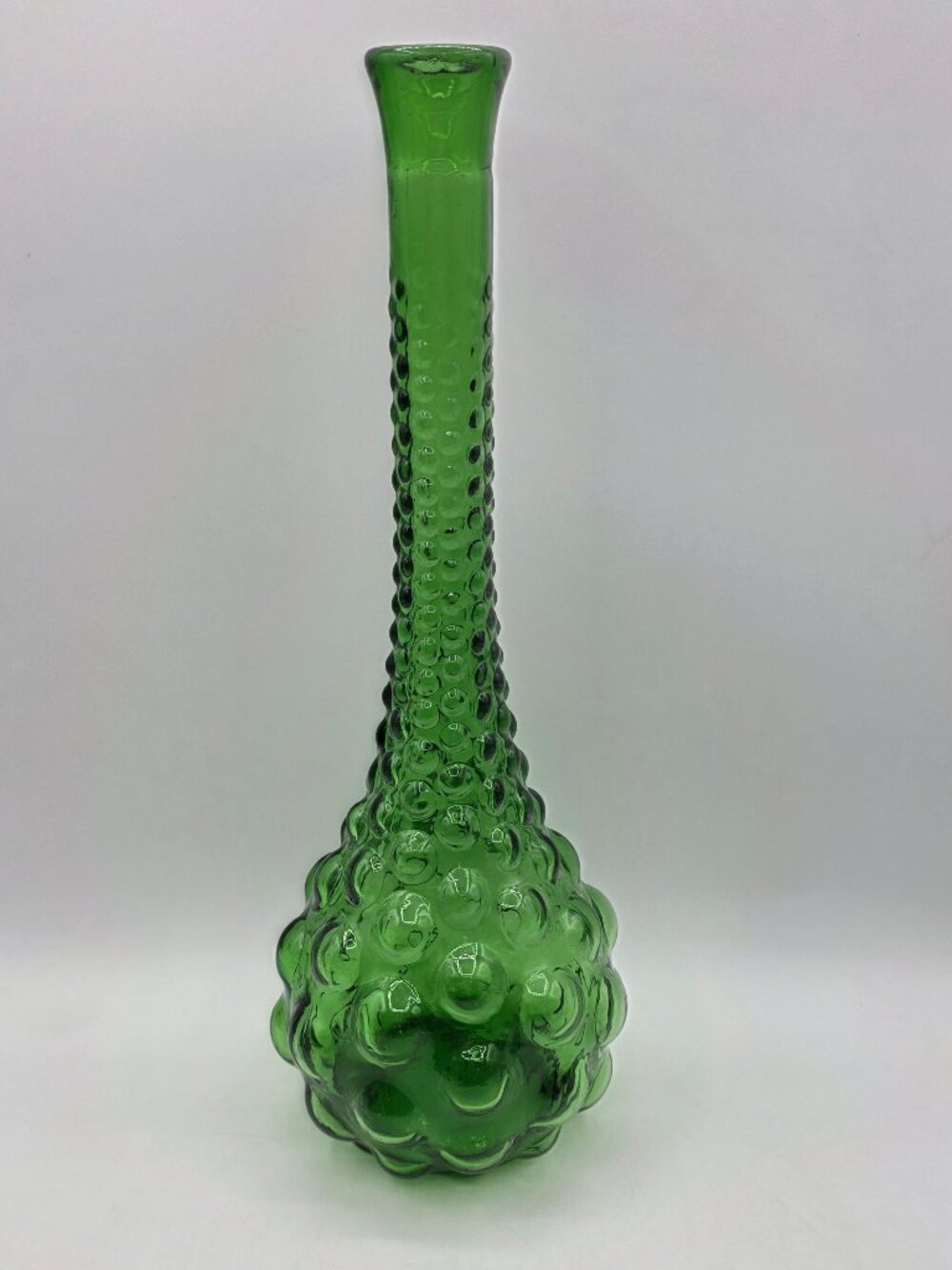 VTG Green Italian Art Glass Genie Bottle Decanter MCM Bubble Hobnail No Stopper